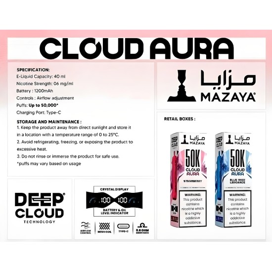 شيشة مزايا كلاود اورا الجاهزة 50000 بف مينت